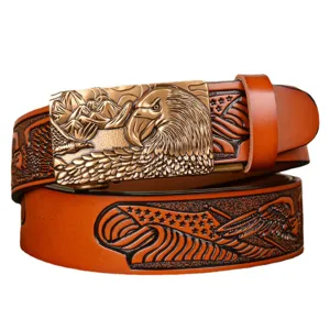 Men's cowhide leather belt with eagle relief automatic buckle and embossed vintage western strap.