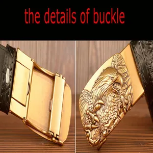Cintura in pelle automatica da uomo retrò fibbia aquila vista dettagliata con lavorazione.