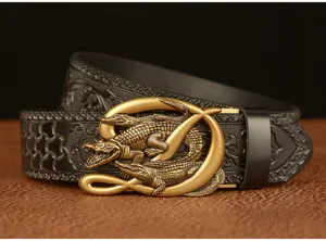 Retro crocodile automatic buckle men's leather belt detail showcasing embossed strap carving.