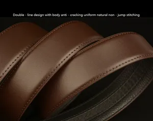Men casual leather belt detail shot, premium cowhide with double line stitching, brown color.