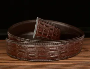 Men's brown leather belt with stylish crocodile pattern embossing for business casual wear.