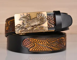 Men leather belt featuring metallic eagle automatic buckle and embossed strap for daily wear style