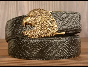 Men's leather belt with retro eagle head buckle and embossed crocodile pattern design.