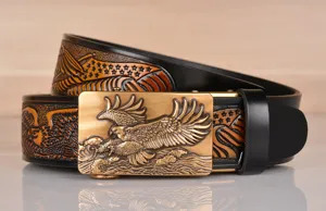 Mens leather belt with eagle embossed automatic buckle western style vintage casual waist belt
