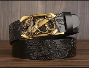 Men genuine leather belt with metallic dragon automatic buckle stylish casual trouser belt
