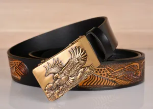Men leather belt with automatic buckle embossed eagle design vintage fashion trouser belt