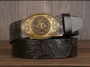 Men's genuine leather belt featuring an antique bronze dragon buckle and embossed dragon strap.