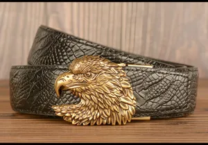 Detailed close-up shot of the vintage men's leather belt featuring a bronze eagle buckle.