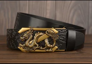 Men's black leather dragon embossed belt featuring automatic metal buckle, ethnic style accessory.