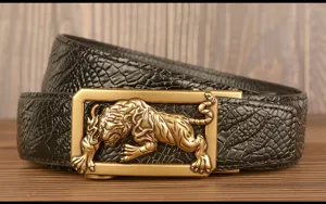 Men's black leather belt with antique gold tiger automatic buckle, vintage style accessory.