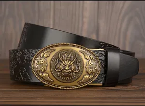 Men's leather belt exquisite detail shot, vintage dragon embossed automatic buckle strap