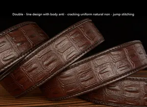 Men's crocodile pattern leather belt detail showcasing precision double line stitching.