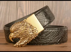 Men's genuine leather belt featuring a detailed metal eagle head buckle and stylish texture.