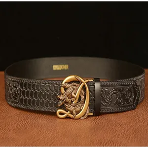 Men's vintage leather belt with gold crocodile automatic buckle and detailed carved patterns.