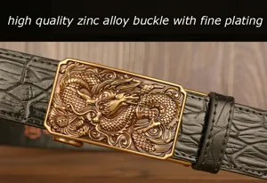 Men's automatic buckle belt with detailed dragon metal hardware and crocodile leather.