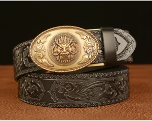 Men's vintage automatic buckle leather belt with dragon head embossing for casual trousers.