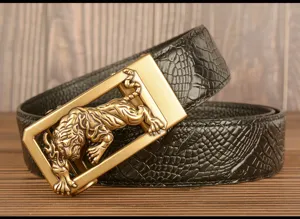 Men's retro cowhide leather belt featuring a bold 3D tiger metal automatic buckle design.