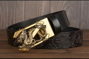 Detailed view of men's leather belt with retro brass dragon buckle and embossed strap.