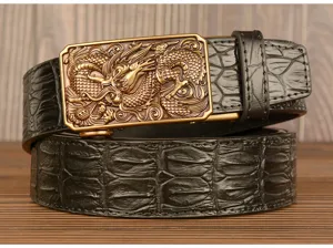 Men's automatic buckle leather belt with classic Chinese dragon relief and crocodile texture.