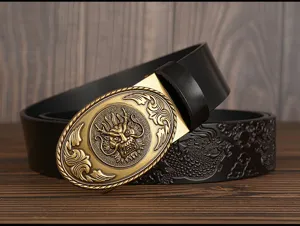 Detailed view of men's leather belt featuring intricate dragon buckle and embossed strap.
