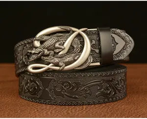 Retro men's leather belt with embossed pattern and luxury crocodile metal automatic buckle.