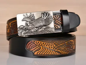 Men's leather belt vintage eagle buckle embossed automatic belt for daily casual wear