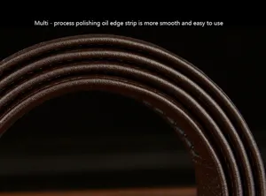 Men leather belt edge detail shot, premium cowhide material with smooth oil edge finish.