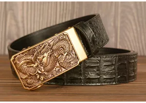 Men's leather belt detail view showcasing exquisite dragon buckle and crocodile pattern texture.