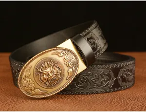 Retro automatic buckle men's leather belt with dragon head embossing and carved strap.