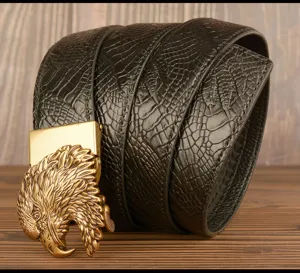 Men's Genuine Leather Belt Retro Eagle Head Automatic Buckle Black Cowhide Strap