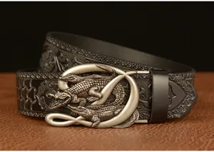 Vintage men leather belt with 3D crocodile metal automatic buckle and carved patterns.