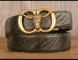 Men's genuine cowhide leather belt with retro bull head automatic buckle and stylish croc pattern.