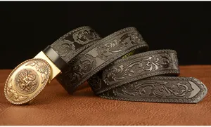 Vintage embossed men leather belt with golden dragon buckle casual automatic waist strap