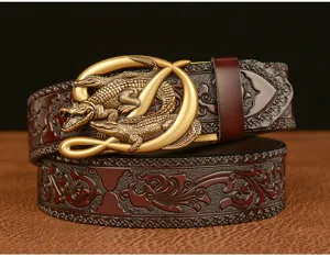 Men's vintage embossed leather belt with stylish crocodile metal auto buckle for jeans.
