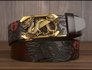 Men's leather belt detail showcasing exquisite embossed dragon pattern and metallic automatic dragon buckle.
