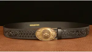 Vintage automatic buckle men's belt with dragon embossed leather strap for casual wear.