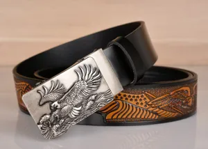 Men's automatic buckle leather belt featuring exquisite embossed eagle design and detailed strap pattern.