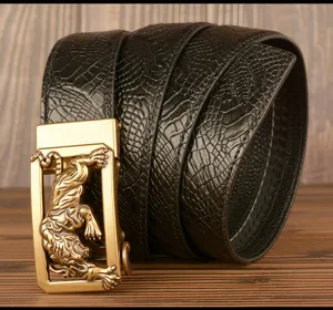 Men cowhide leather belt detail, vintage tiger automatic buckle, black crocodile texture.