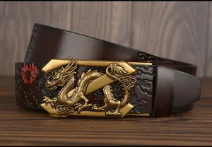 Men's retro genuine leather automatic buckle belt with exquisite embossed dragon pattern design.