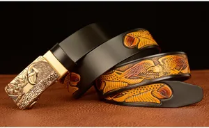 Men genuine leather belt featuring detailed eagle head automatic buckle and embossed pattern.