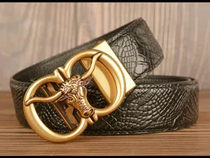 Men's leather belt with stylish bull head automatic metal buckle and black embossed texture pattern.