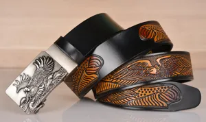 Men leather belt detail showing embossed eagle and American flag pattern with metal automatic buckle