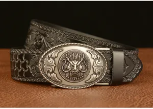 Close-up detail of vintage men dragon belt with embossed leather and metal automatic buckle