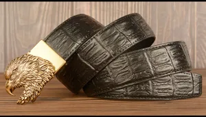 Men black leather belt with gold eagle head buckle and stylish crocodile embossed pattern.