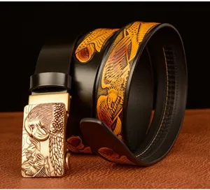 Men's genuine leather belt with eagle head automatic buckle and embossed eagle pattern design.