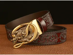 Men's retro automatic buckle leather belt featuring exquisite 3D crocodile carving design for casual wear.