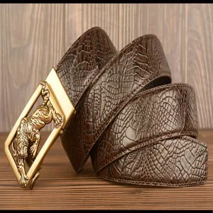 Men's brown crocodile pattern leather belt with golden tiger automatic buckle stylish waist.
