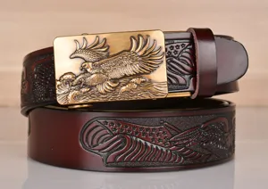 Men's embossed leather belt featuring a majestic eagle automatic metal buckle design stylish