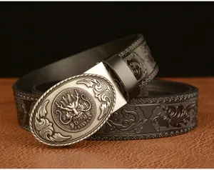 Vintage dragon relief men's leather belt automatic buckle casual cowhide strap accessory