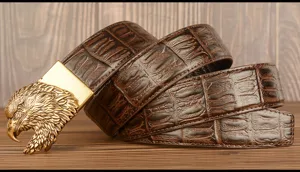 Men's retro brown leather belt with metallic eagle buckle automatic cowhide strap